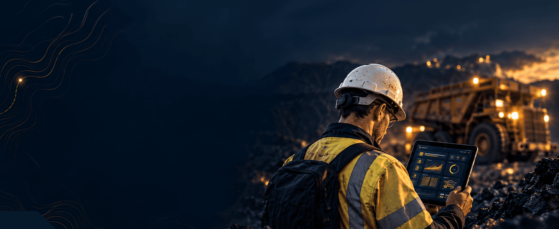 Mine worker reviewing MineWise reports on a tablet beside a haul truck
