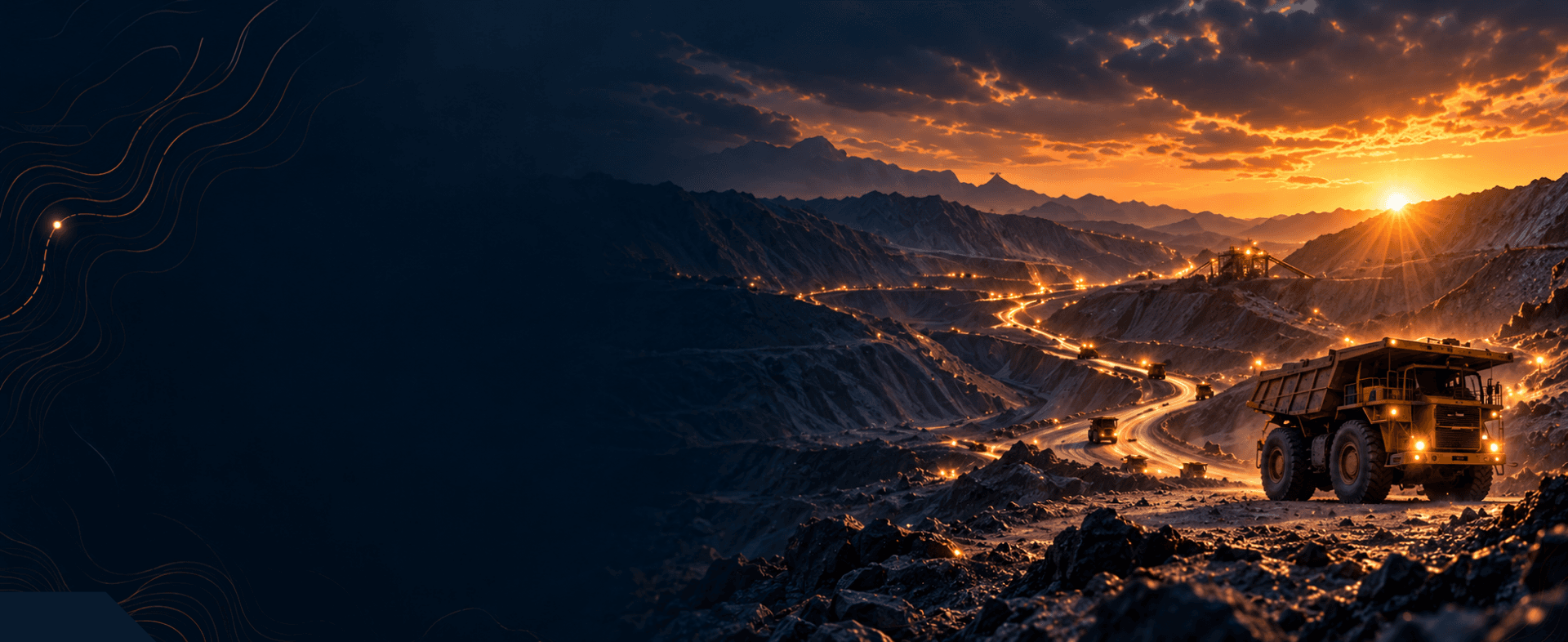 Haul truck on a mountain mine road at sunset