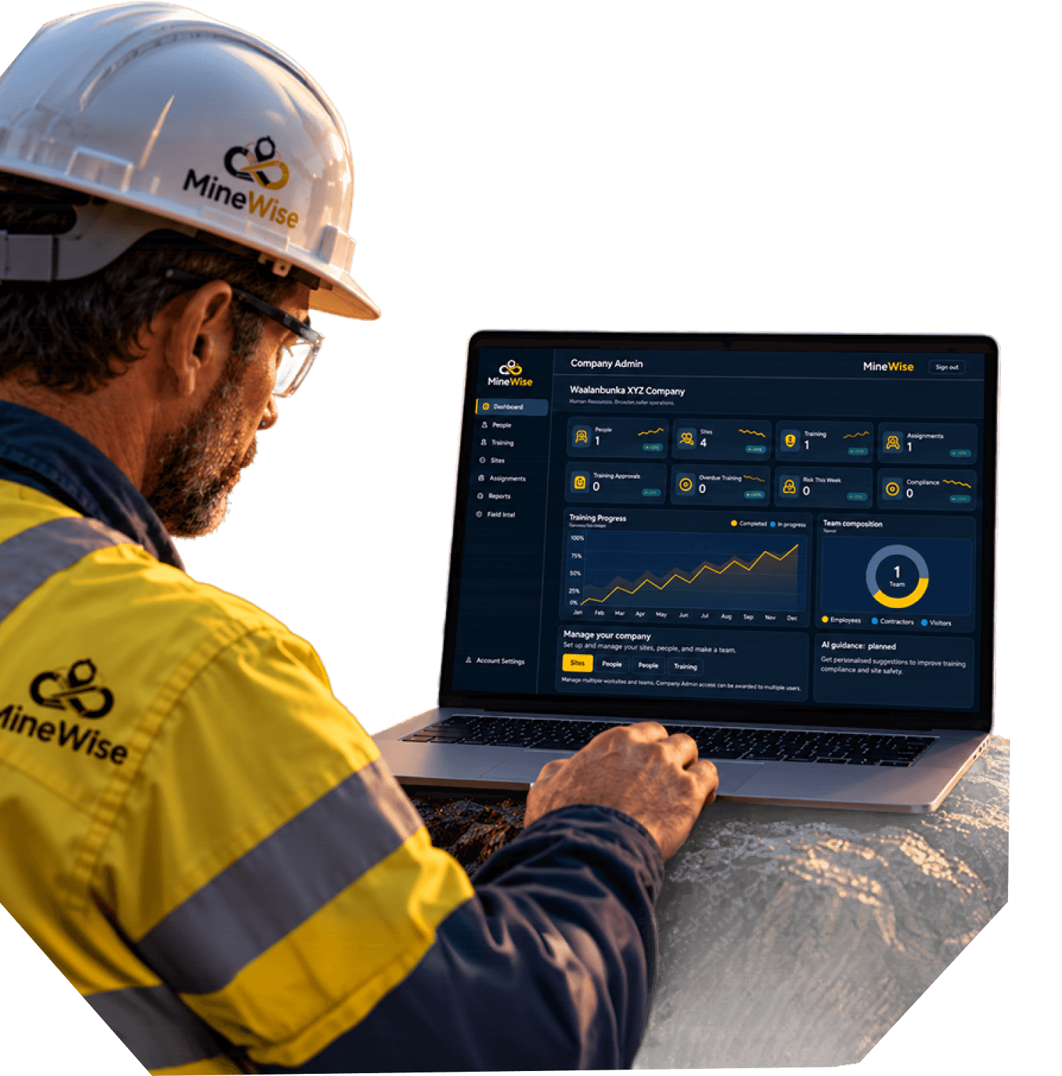 Company admin reviewing the MineWise dashboard on a laptop