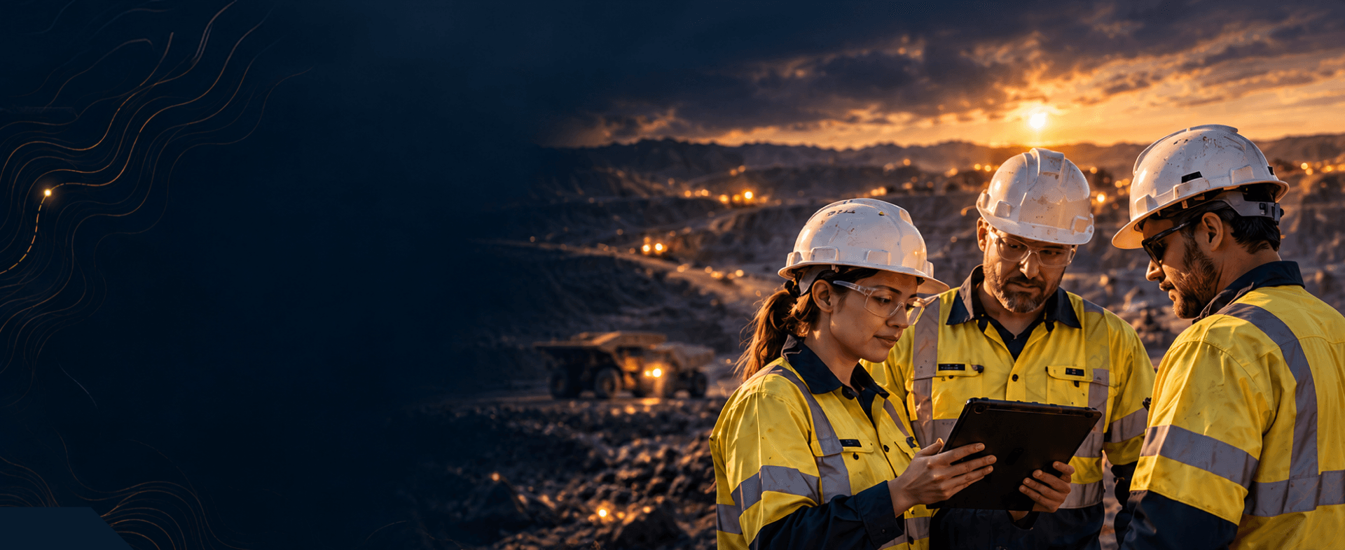 Three mine workers in hi-vis reviewing a tablet together at sunset