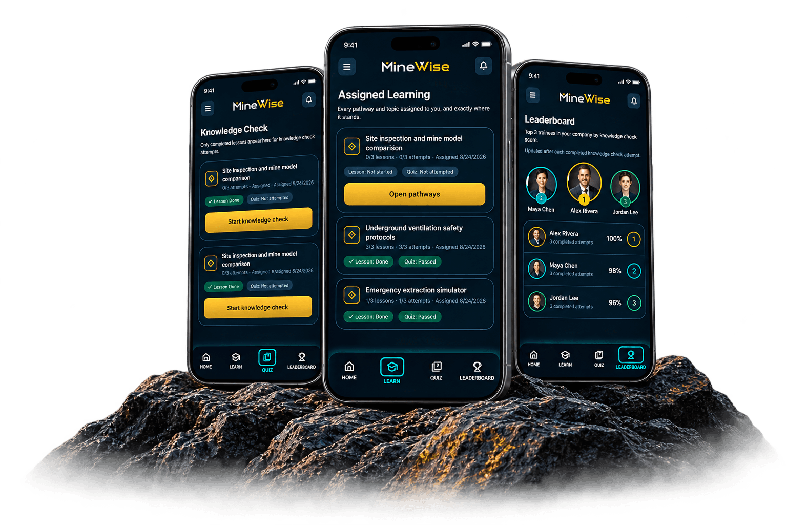 MineWise trainee app showing a knowledge check, assigned learning and the leaderboard