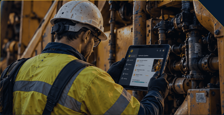 Technician logging a field issue on a tablet beside mining equipment